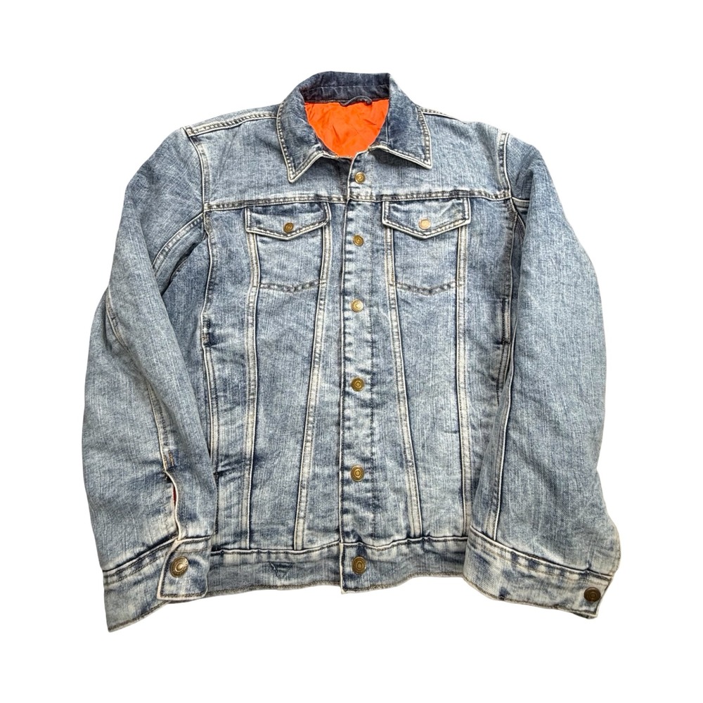Guess Reversible Jacket Mens L Blue Denim Orange Quilted M1BN04 D4123 Streetwear